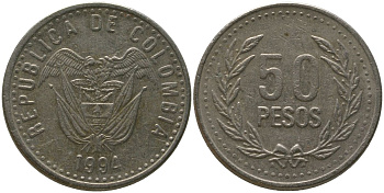 Колумбия 50 песо 1994 KM 283.2 никель латунь 4538-1033
