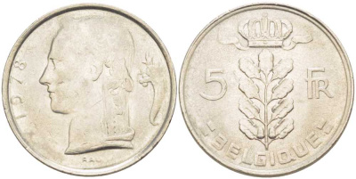 БЕЛЬГИЯ 5 ФРАНКОВ 1978 BELGIQUE, БОДУЭН I (1951-1993) KM 134.1 медно-никель 202-1255