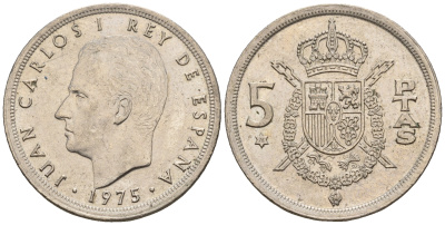 Испания 5 песет 1975 (76) Хуан Карлос I (1975-2014) KM 807 медно-никель 259-1122