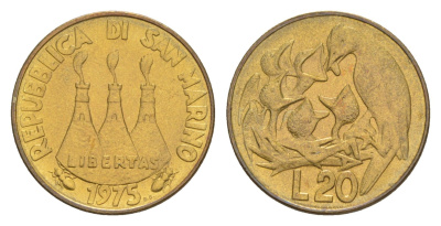 Сан-Марино 20 лир 1975 Любовь у животных KM 44 алюминиевая бронза UNC 4647-168