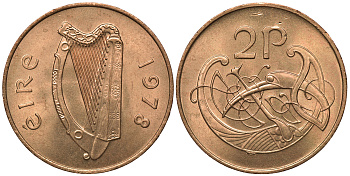 ИРЛАНДИЯ 2 ПЕНСА 1978 ВИНЬЕТКА В ВИДЕ СТИЛИЗОВАННОЙ ПТИЦЫ ИЗ ВТОРОЙ БИБЛИИ КАРЛА II ЛЫСОГО KM 21 бронза UNC 4391-1152