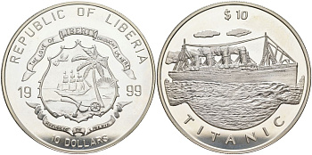 Либерия 10 долларов 1999 корабль Титаник KM 573 серебро PROOF 11-138-45