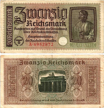 ГЕРМАНИЯ 20 РЕЙХСМАРОК 1941-1945 ДЛЯ ОККУПИРОВАННЫХ ТЕРРИТОРИЙ, ДЮРЕР Pick R139 бумага 7548-57-1-2