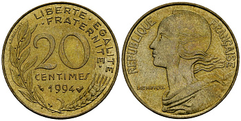 Франция 20 сантимов 1994 тип Marianne KM 930 медь алюминий никель 4135-641