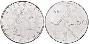 ИТАЛИЯ 50 ЛИР 1982 R, КУЗНЕЦ, ВУЛКАН БОГ ОГНЯ, ДИАМЕТР 25 ММ. KM 95.1 нержавеющая сталь 98-1014