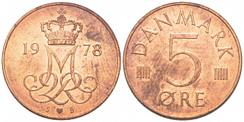 ДАНИЯ 5 ЭРЕ 1978 S; B, МАРГРЕТЕ II (1972-) KM 859.1 железо плакированное медью 3457-1026