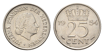 Нидерланды 25 центов 1954 Юлиана (1948-1980) KM 183 никель 4658-757