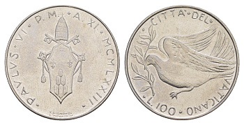 Ватикан 100 лир 1973 MCMLXXIII, Павел VI KM 122 нержавеющая сталь UNC 4648-151