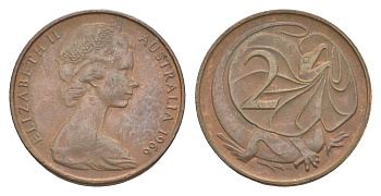 Австралия 2 цента 1966 Елизавета II (1952-2022), плащеносная ящерица KM 63 бронза 4585-1016