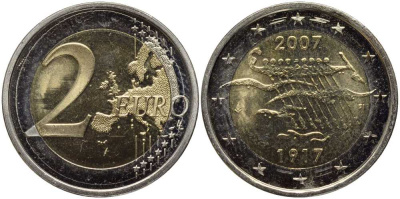 Финляндия 2 евро 2007 90 лет независимости KM 139 биметалл UNC 38-844