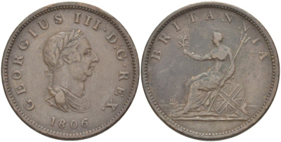 Великобритания 1/2 пенни 1806 Георг III (1760-1820) KM 662, Spink 3781 медь 109-645