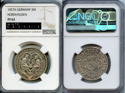 Германия 3 марки 1927 A, 1000 летие основания Нордхаузена, в слабе NGC PF 62 J. 327, KM 52 серебро  PROOF  15-011-15
