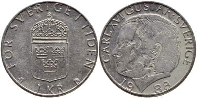Швеция 1 крона 1988 Карл XVI Густав (1973- ) KM 852a медно-никель 4397-1225
