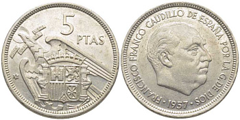 ИСПАНИЯ 5 ПЕСЕТ 1957 (74) ФРАНСИСКО ФРАНКО ДИКТАТОР ИСПАНИИ (1939-1975) KM 787 медно-никель 113-354