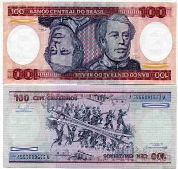 Бразилия 100 крузейро ND (1981-1984) серия А 5956, Герцог Каксиас Pick 198 b бумага aUNC 7201-40-2