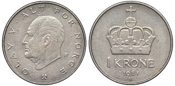 Норвегия 1 крона 1981 Улаф V (1958-1991) KM 419 медно-никель 25-2214