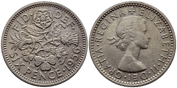 Великобритания 6 пенсов 1956 Елизавета II (1952-2022) KM 903, Spink 4149 медно-никель 75-117
