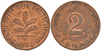 ФРГ 2 пфеннига 1982 J J.381a, KM 106a сталь плакированная медью    4598-864