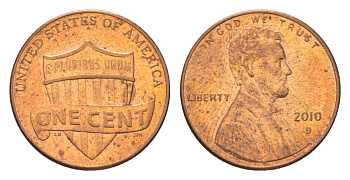 США 1 цент 2010 D, Авраам Линкольн KM 468 цинк плакированный медью UNC 4627-1069