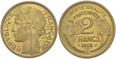 ФРАНЦИЯ 2 ФРАНКА 1938 ТИП MORLON KM 886, LE FRANC 268.11 алюминиевая бронза 3855-112
