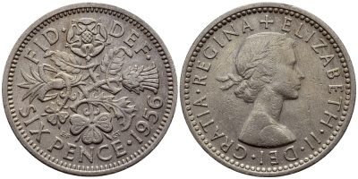 Великобритания 6 пенсов 1956 Елизавета II (1952-2022) KM 903, Spink 4149 медно-никель 75-117
