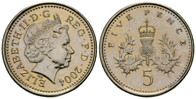 Великобритания 5 пенсов 2004 Елизавета II (1952-2022) KM 988, Spink 4670 (D5) медно-никель 4173-767