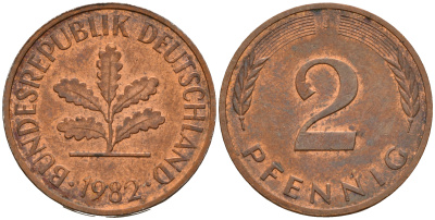 ФРГ 2 пфеннига 1982 J J.381a, KM 106a сталь плакированная медью    4598-864