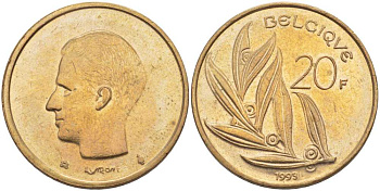 БЕЛЬГИЯ 20 ФРАНКОВ 1993 BELGIQUE KM 159 никель бронза 4395-225