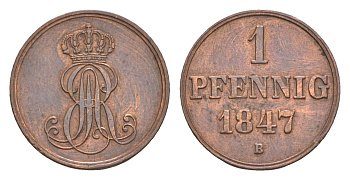 Ганновер 1 пфенниг 1847 B, Эрнст Август I (1837-1851) KM 201.1, AKS 129, J. 74 медь    4658-1052