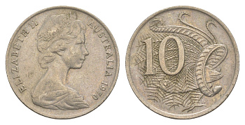 Австралия 10 центов 1970 Елизавета II (1952-2022), птица лирахвост KM 65 медно-никель 4364-4532