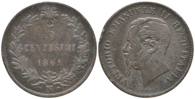 ИТАЛИЯ 5 ЧЕНТЕЗИМО 1861 N, ВИКТОР ИМАНУИЛ II KM 3.3 бронза 34-417