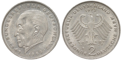ФРГ 2 марки 1973 F, Теодор Хойс, 20 лет Федеративной Республике (1949-1969) KM A127, J. 407 медно-никель плакированный никелем 4137-1021