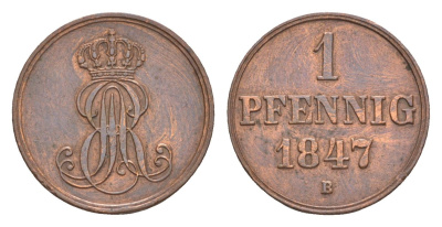 Ганновер 1 пфенниг 1847 B, Эрнст Август I (1837-1851) KM 201.1, AKS 129, J. 74 медь    4658-1052