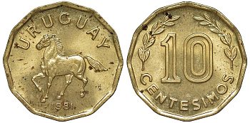 Уругвай 10 сентесимо 1981 KM 66 алюминиевая бронза 4169-468