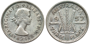 Австралия 3 пенса 1957 m, Елизавета II (1952-2022) KM 57 серебро 71-548