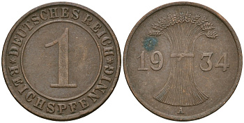 Германия 1 рейхспфенниг 1934 A KM 37, J. 313 бронза 4189-1232