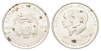 Боливия 100 песо 1975 150 лет Независимости KM 194 серебро BU 5010-2022