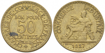 ФРАНЦИЯ 50 САНТИМОВ 1927 ТИП CHAMBRES DE COMMERCE KM 834, LE FRANC 191.10 алюминиевая бронза 3309-1028