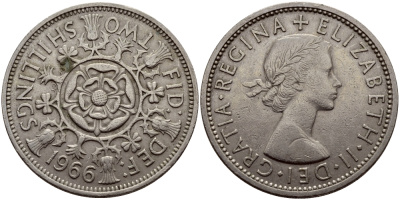 Великобритания 2 шиллинга (флорин) 1966 Елизавета II (1952-2022) KM 906, Spink 4146 медно-никель 83-1836