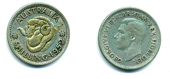 Австралия 1 шиллинг 1952 m, Георг VI (1937-1952), овца меринос KM 46 серебро 57-225