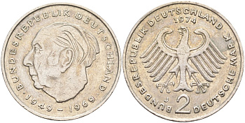 ФРГ 2 марки 1974 J , Теодор Хойс, 20 лет Федеративной Республике (1949-1969) KM A127, J. 407 медно-никель плакированный никелем 4139-212