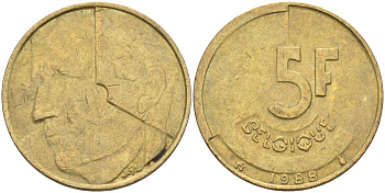 Бельгия 5 франков 1988 Belgique KM 163 алюминиевая бронза 4126-241