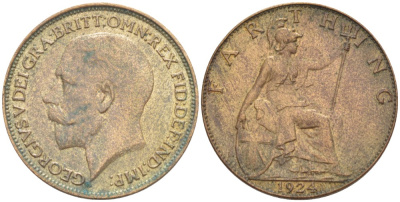 Великобритания 1 фартинг 1924 Георг V (1910-1936) KM 808.2, Spink 4060 бронза 4543-1027