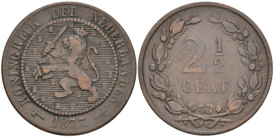 Нидерланды 2 1/2 цента 1877 Виллем III (1849-1890) KM 108 бронза 4575-914