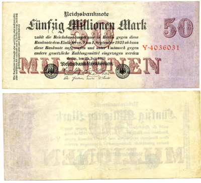 ГЕРМАНИЯ 50000000 МАРОК 1923 Pick 98a бумага 3295-58-2