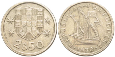 ПОРТУГАЛИЯ 2,5 ЭСКУДО 1970 ПАРУСНИК KM 590 медно-никель XF 4513-1137