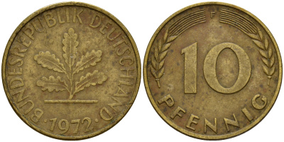 ФРГ 10 пфеннигов 1972 F J. 383, KM 108 сталь плакированная латунью    4603-356