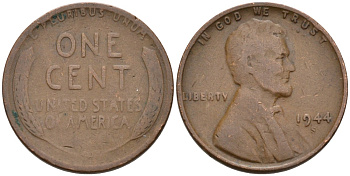 США 1 цент 1944 S, Линкольн KM А132 бронза 192-951