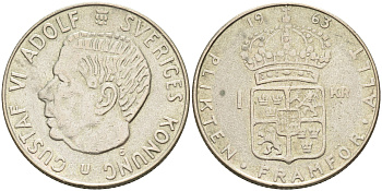 Швеция 1 крона 1963 U, Густав VI Адольф (1950-1973) KM 826 серебро 4126-826