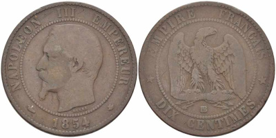 ФРАНЦИЯ 10 САНТИМОВ 1854 BB, НАПОЛЕОН III (1852-1870) KM 771.3, LE FRANC 133.12 бронза 38-1024